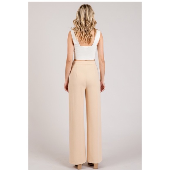 Beige Stretch Gold Button Trim High Waist Wide Leg Trousers - Picture 3 of 3